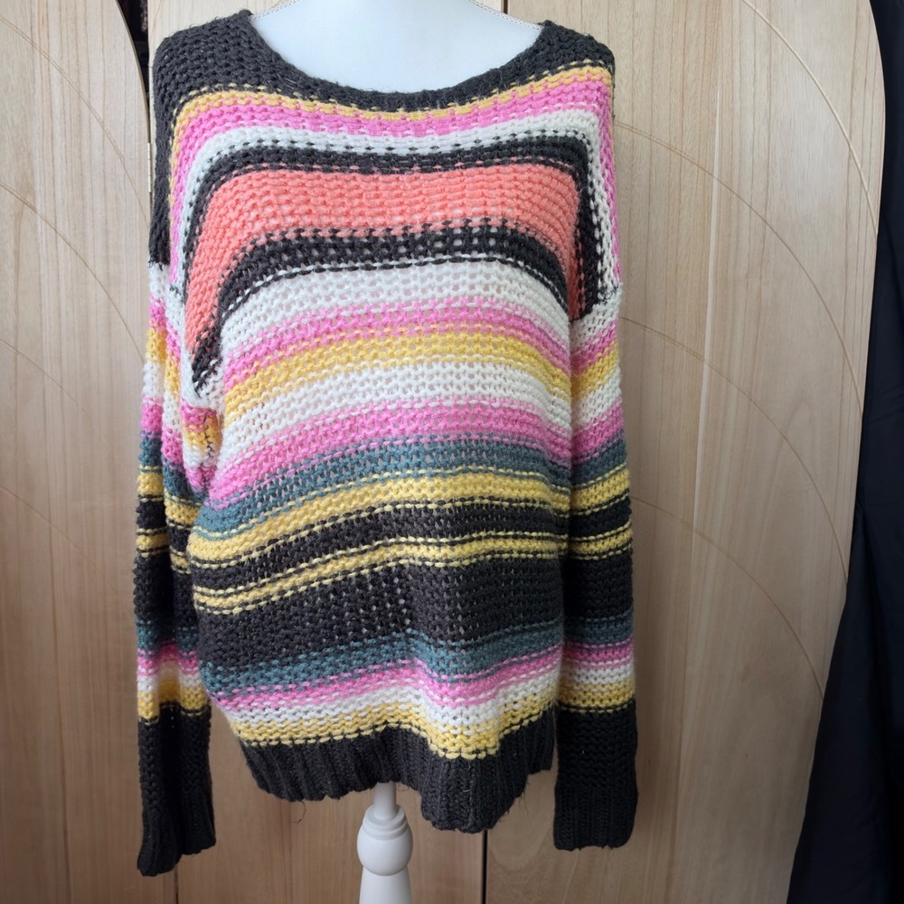Billabong Sweater Women M Multi-Color Striped Open Knit Crew Neck Boho Beachy